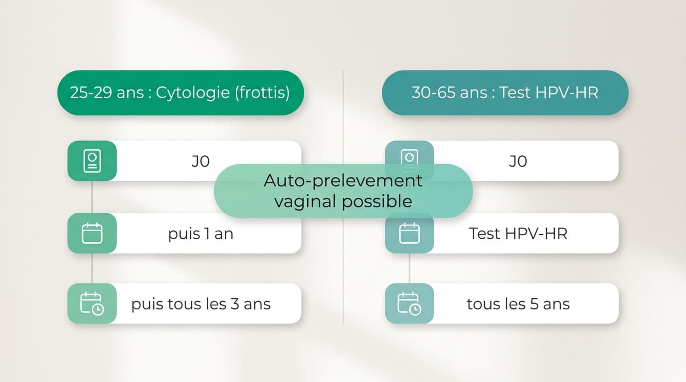 Dépistage du cancer du col : frottis 25-29 ans et test HPV-HR dès 30 ans