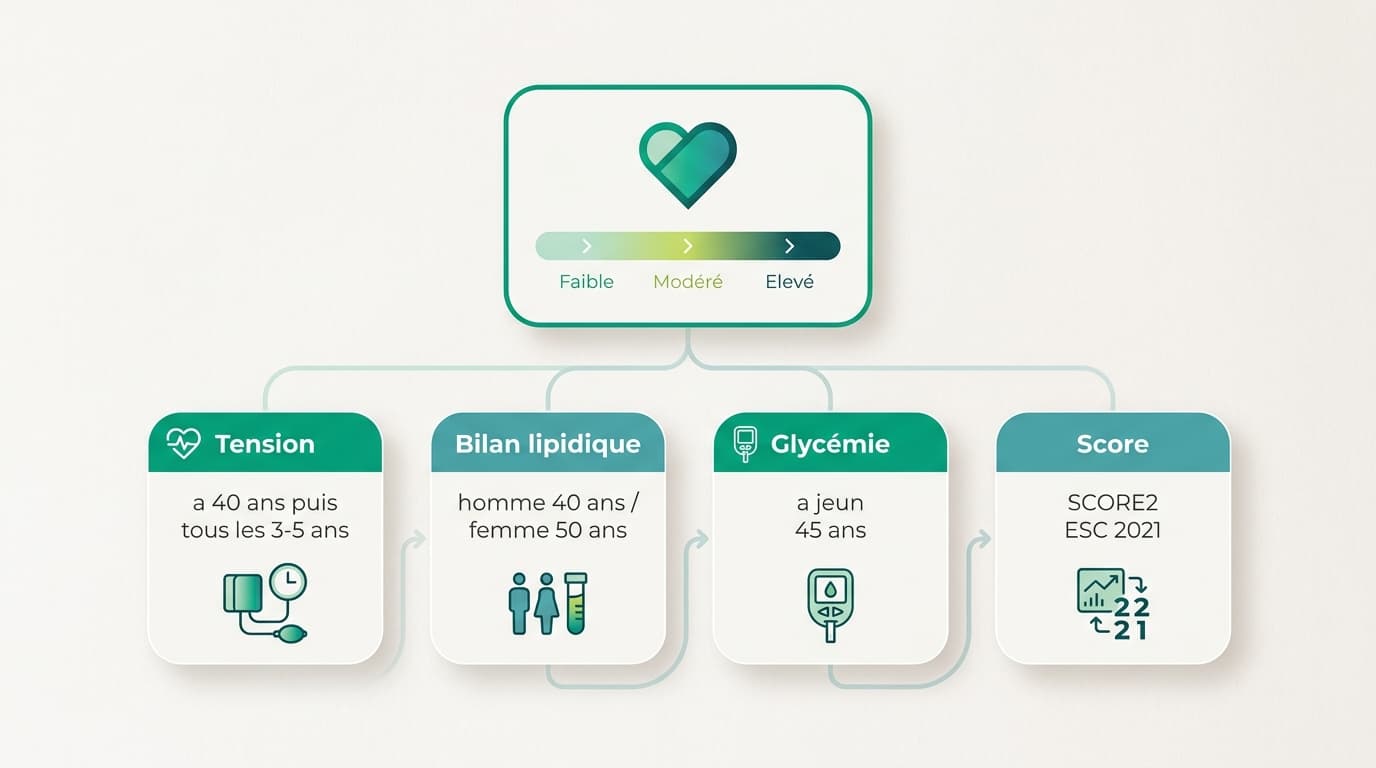 Dépistage cardiovasculaire : tension, lipides, score SCORE2, ECG